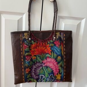 Colorful Leather and Floral Embroidered Tote Bag